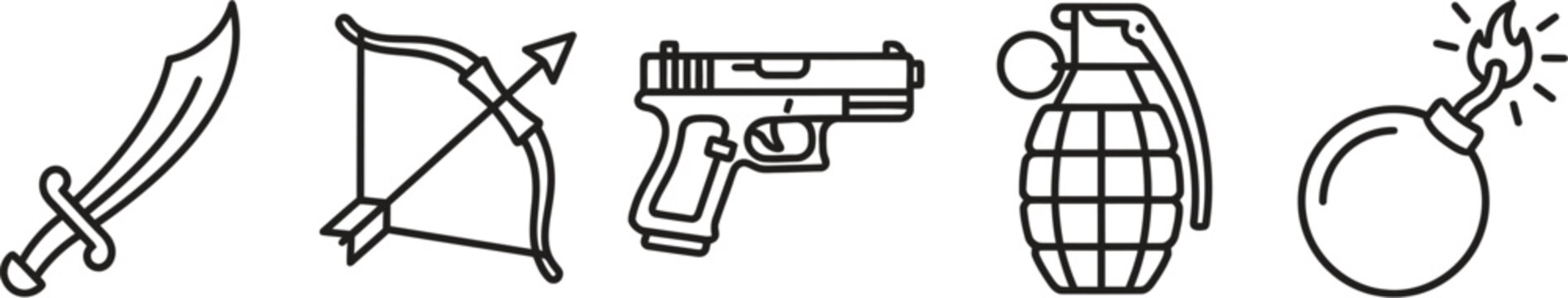 Weapons line art icons of sword bow gun bombs
