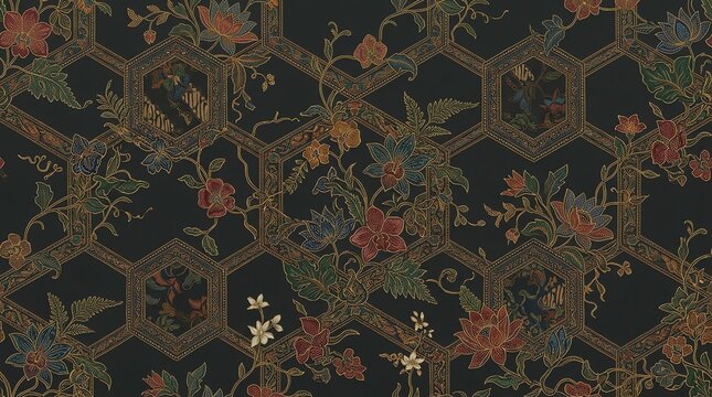 Seamless Hexagonal Batik Floral Pattern Dark Background Vintage Botanical Design