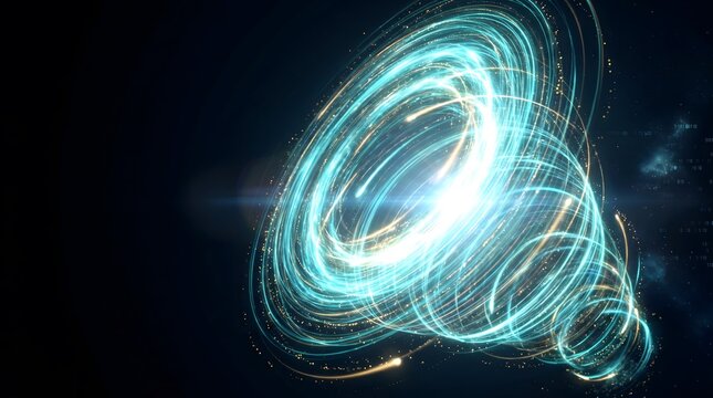 A colossal spiral vortex of densely packed glowing data particles and streaming light filaments forming a towering digital tornado