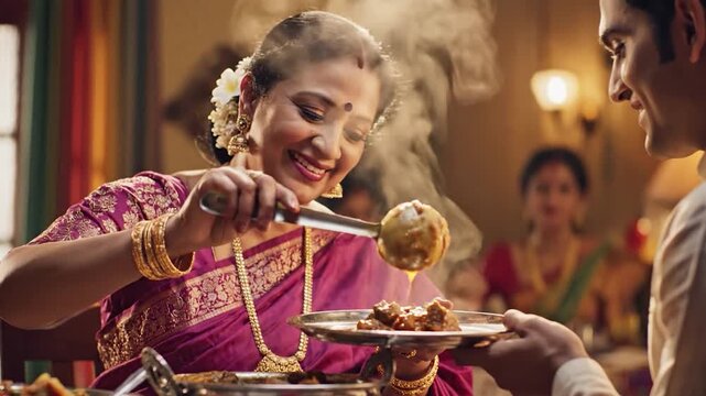 Traditional indian woman in pink sari serving food on silver plate with golden ornaments and jewelry
