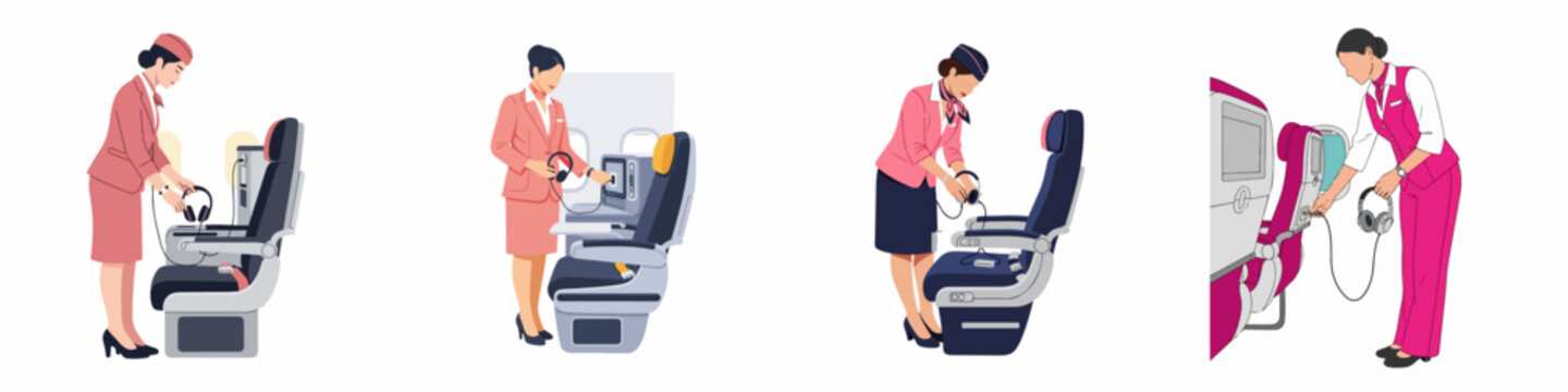 Set of Illustrations Depicting Flight Attendants Preparing In-flight Entertainment and Headphones on Airplane Seats for Passenger Comfort and Service.