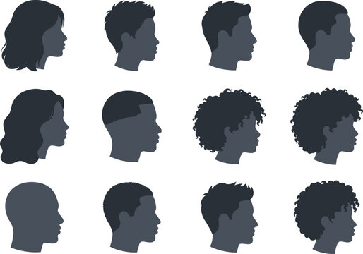 Human Profile Silhouette Collection with Diverse Male Female Hairstyles for Character Graphic Design Projects