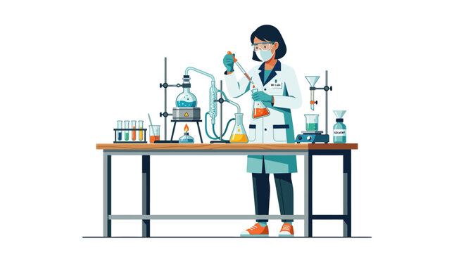 Scientist in lab coat conducting experiment with distillation apparatus and colorful liquids
