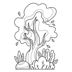 Fototapeta premium Tree Coloring Page and Colored Forest Asset