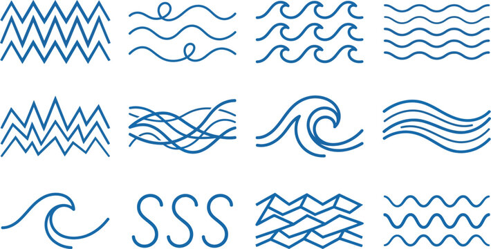 Blue wave line art set on white background illustration