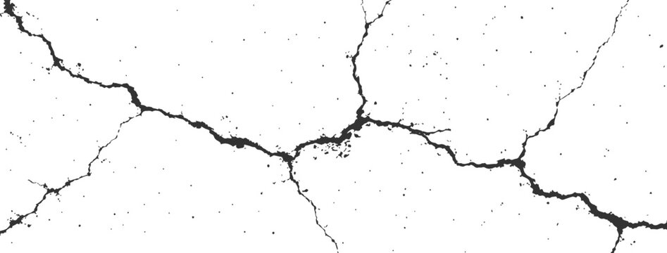 Single long concrete wall crack vector background with abstract horizontal distressed fracture line on white surface