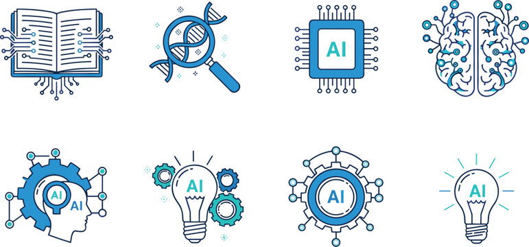 Artificial intelligence and machine learning line color icon set featuring digital brain processor DNA and tech automation concepts
