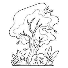 Fototapeta premium Tree Coloring Page and Colored Forest Asset