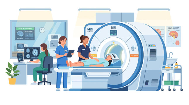 Medical Professionals Performing MRI Scan on Patient in Clinic