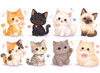 Fototapeta premium Kawaii Cat Reaction Pack Cute Kitty Expressions Collection