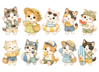 Summer Vacation Cats Cute Kawaii Character Set © Pen