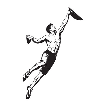 Black and white vector illustration of a muscular male rock climber leaping for a handhold in a dynamic bouldering pose