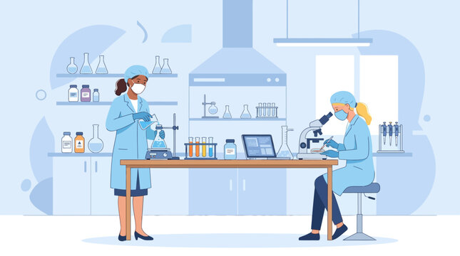 Medical researchers working in modern clinical laboratory, science illustration