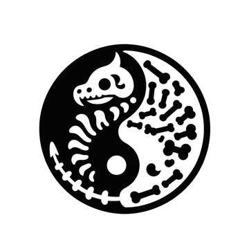Black and white yin-yang symbol featuring a stylized dragon skeleton on one side and scattered bones on the other, representing balance and mortality.