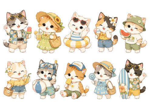 Summer Vacation Cats Cute Kawaii Character Set