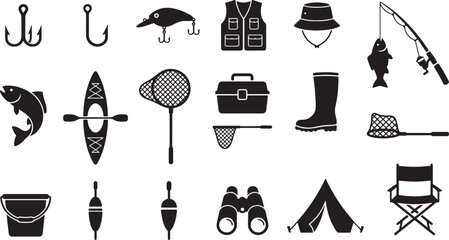 Fishing Gear, Tackle, and Outdoor Camping Solid Glyph Vector Icon Set © Open Expression