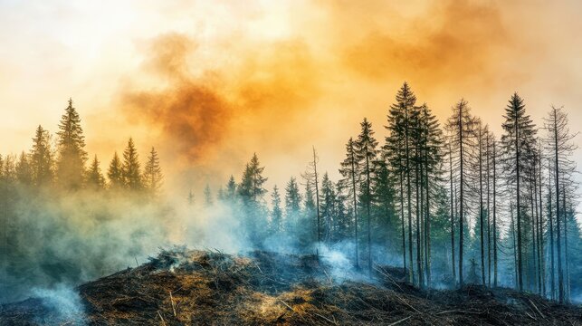 Forest fire and smoke blanketing a deforested area under an orange sky, highlighting environmental crisis