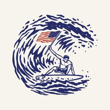 Fourth of July community celebration retro surfer with American flag on ocean wave in vintage navy blue engraving illustration for Independence Day event and patriotic americana design