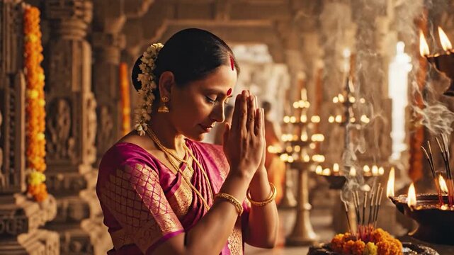 Serene woman in traditional indian attire praying with hands clasped in a temple with warm golden lighting and intricate carvings