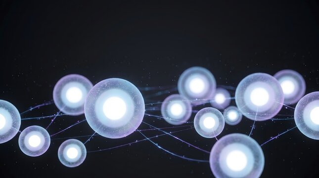 A constellation of translucent glowing orbs in varying sizes &mdash; from marble-sized to basketball-sized &mdash; drifting and interconnected by hair-thin particle light threads that pulse softly with data trans