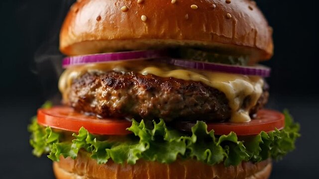 Delicious burger with fresh ingredients isolated on dark background