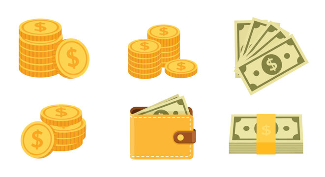 Golden Coins and US Dollar Bills Stacked, Wallet with Cash, Finance and Economy Concept