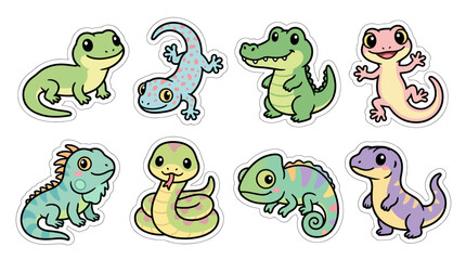 Naklejka premium Cute Baby Reptiles Cute Cartoon Sticker Vector Set