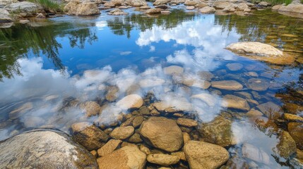 Obraz premium Serene Mountain Lake Reflections Showcasing Blue Sky and White Clouds Over Rocky Bottom