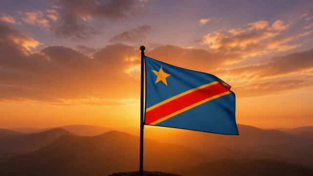 Democratic Republic of the Congo Flag on Mountain at Sunrise Independence Celebration