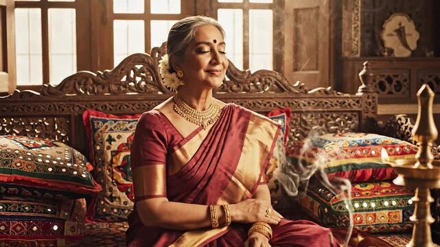 Woman in traditional indian attire enjoying hookah in ornate room with warm lighting