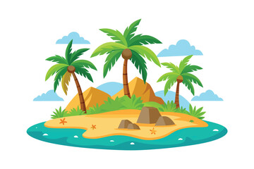 Obraz premium Tropical beach landscape with bungalow and palm trees vector illustration