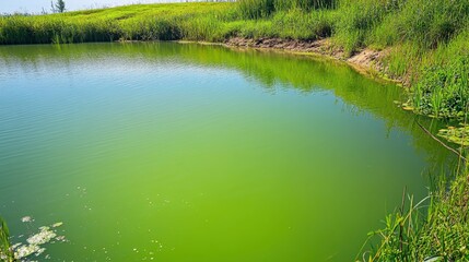 Obraz premium Vibrant green algae bloom covering the surface of a tranquil rural pond with lush vegetation on the bank under overcast skies