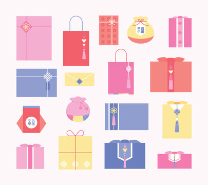 Collection of traditional Korean gift boxes. Vector illustration style.