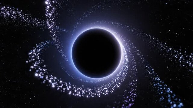 Mysterious black hole surrounded by spiral light particles. 4k video