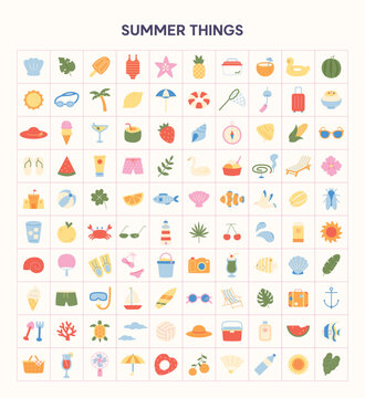 Summer Item Collection Hand-drawn Style Vector Illustration Set.