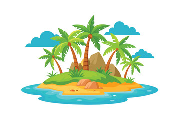 Obraz premium Tropical beach landscape with bungalow and palm trees vector illustration