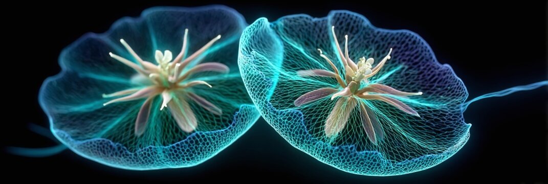 Glowing jellyfish float side by side in dark water with stinging tentacles extended outward.