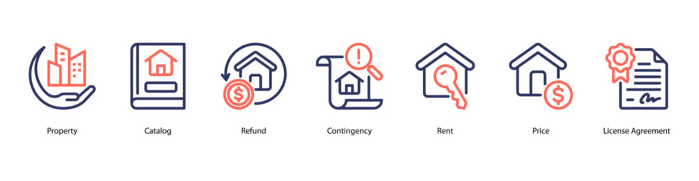 Property Agreement web banner icon vector illustration featuring Property, Catalog, Refund, Contingency, Rent, Price, and License Agreement.