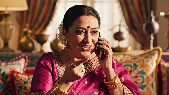 Indian woman in pink sari talking on phone with various expressions in traditional living room
