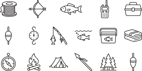Fishing, Camping, and Outdoor Adventure Line Art Vector Icon Set © Open Expression