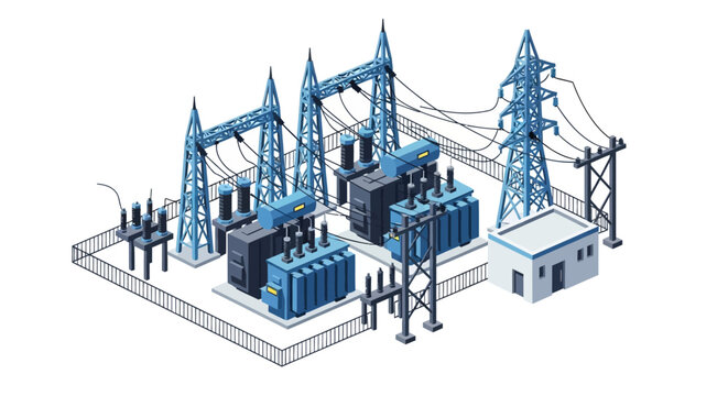 Isometric illustration of a modern electrical substation with power transformers and transmission towers.