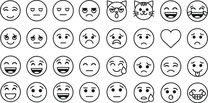Emoji and emoticon line icon set featuring various facial expressions happy sad crying laughing heart and cat characters