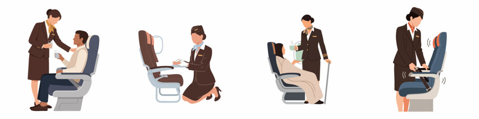 Fototapeta premium Collection of flat vector illustrations featuring professional flight attendants providing various services and ensuring passenger safety on a commercial airplane.