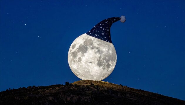 Whimsical moon wearing a starry nightcap rests upon a dark hill against the deep blue night sky