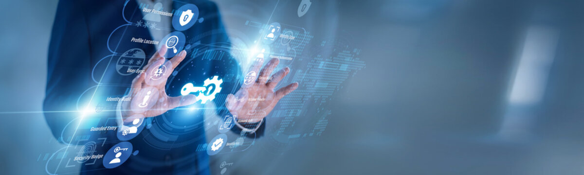 Security officer touching virtual screen with login shield icons for Access Management, controlling user roles, passwords, permissions, identity checks, and safe business system entry processes.