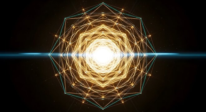 Abstract digital illustration of a glowing sacred geometry construct with gold and teal geometric forms