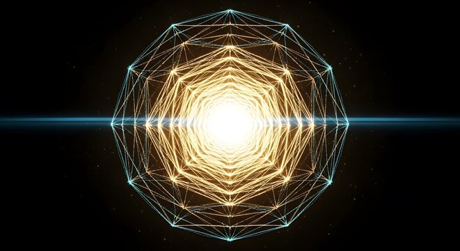 Abstract digital illustration of a glowing sacred geometry construct with gold and teal geometric forms
