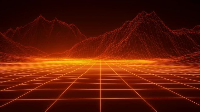 Retro 80s synthwave wireframe landscape with glowing orange grid