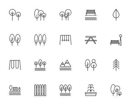Park icon set. Minimal vector icons. Featuring trees, bench, leaf, swing, mountain, fountain, fence, rings and more. Editable vector stroke.