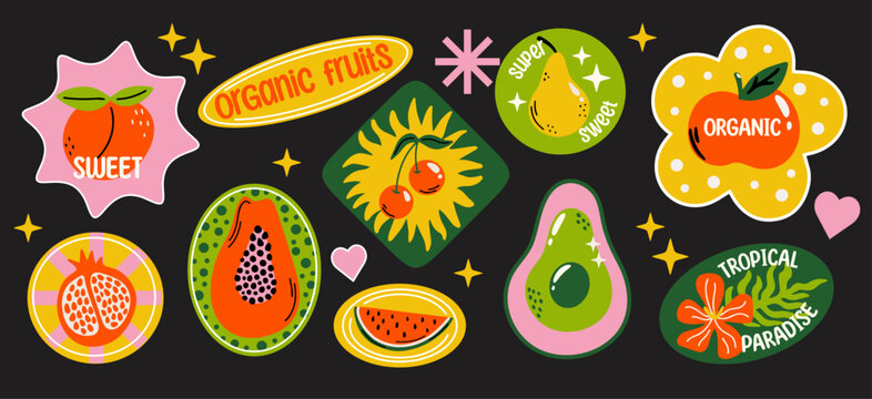 Tropical summer fruits vector sticker set with cartoon retro groovy funky colorful illustration of different healthy food labels, badges, paper tags for grocery packaging aesthetic